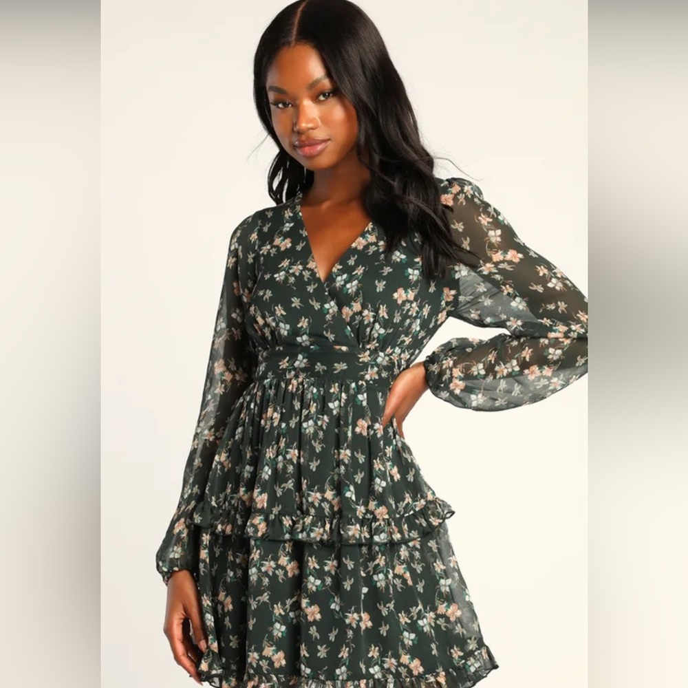 Lulu's Green Wrap Tiered Dress with Bishop Sleeves
